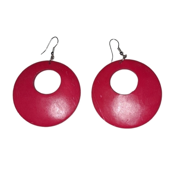 Red Wood Dangle Earrings with Silver Hardware - Picture 1 of 5